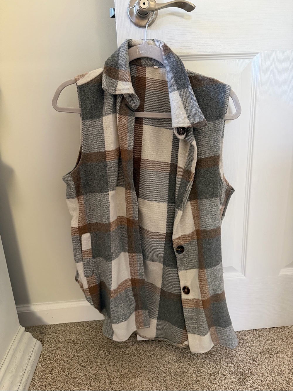 Plaid Button-Front Sleeveless Vest in Gray, Cream & Brown
